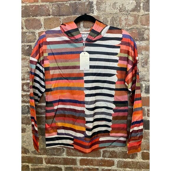 NWT Exclusive Streetwear Multi Color Striped Hooded Pullover Sweatshirt Women’s - Picture 1 of 7